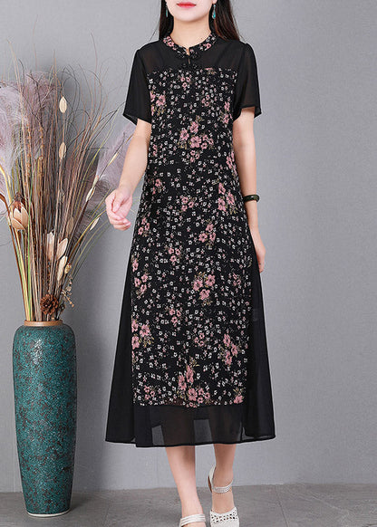 Unique Black O-neck Print Button Tulle Long Dress Short Sleeve