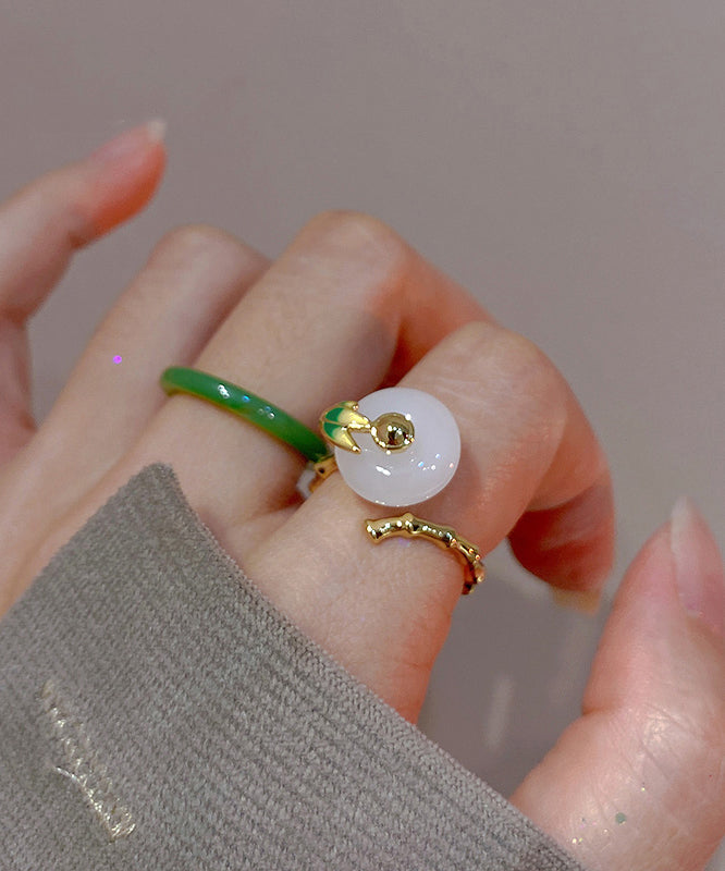 Green and White Jade Bamboo Joint Ping Buckle Rings Two Piece Set