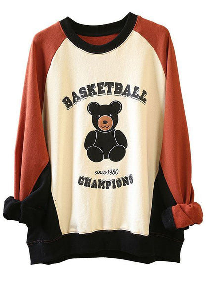 Brick Red Patchwork Graphic Fall Sweatshirt