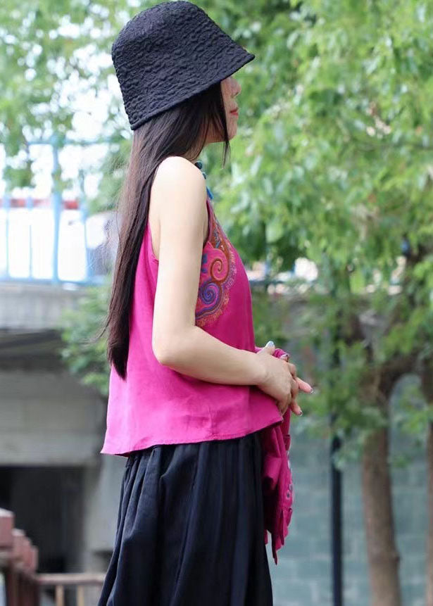 Rose Red Embroideried Patchwork Linen Spaghetti Strap Top Summer