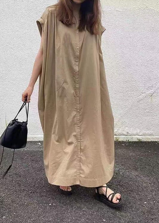 Easy Khaki Button Cotton Long Dress Short Sleeve