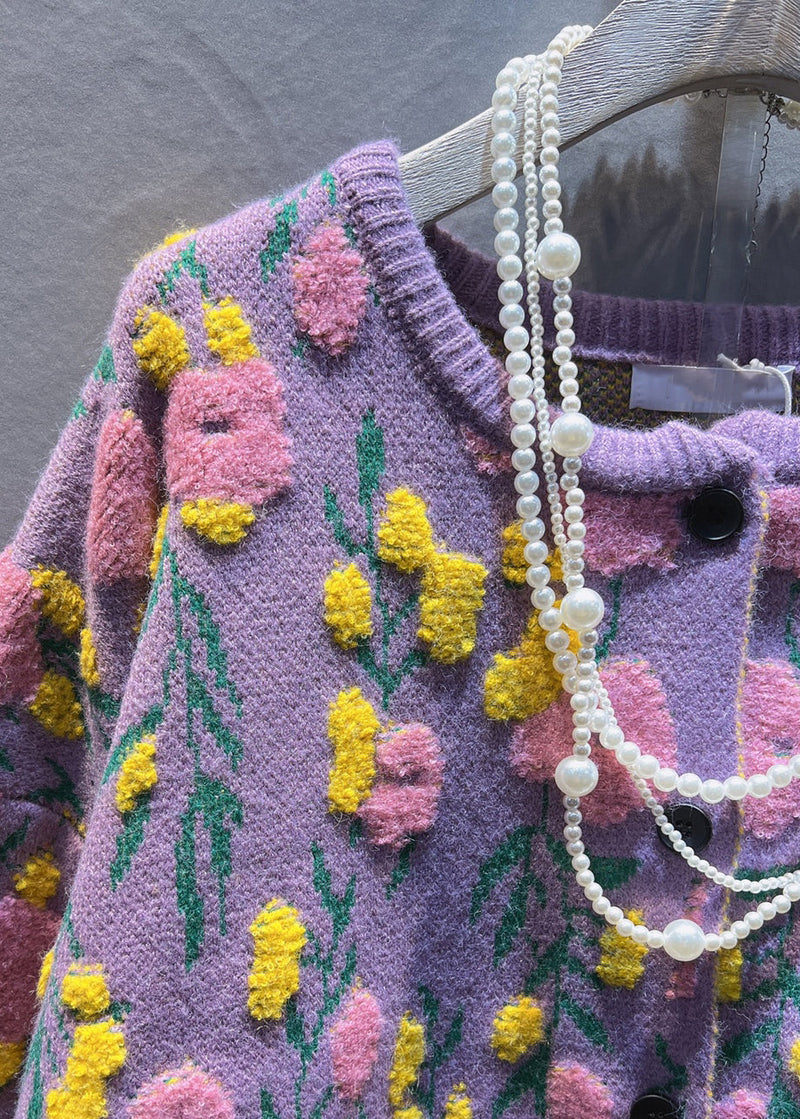 Purple Button Knit Coats Long Sleeve