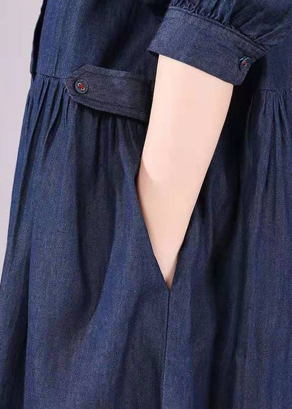 French Navy Peter Pan Collar Button Pockets Fall Long Sleeve Denim Dress