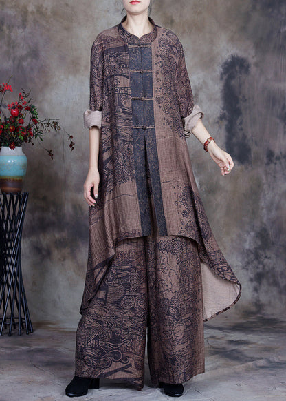 New Coffee Button Print Low High Design Linen Two-piece Set Spring