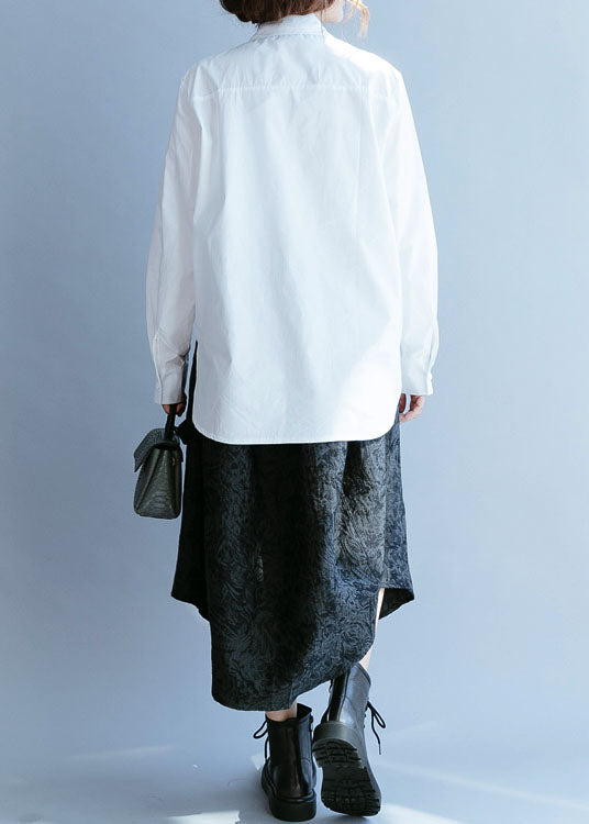 French White Asymmetrical Nail Bead Cotton Shirt Top Spring