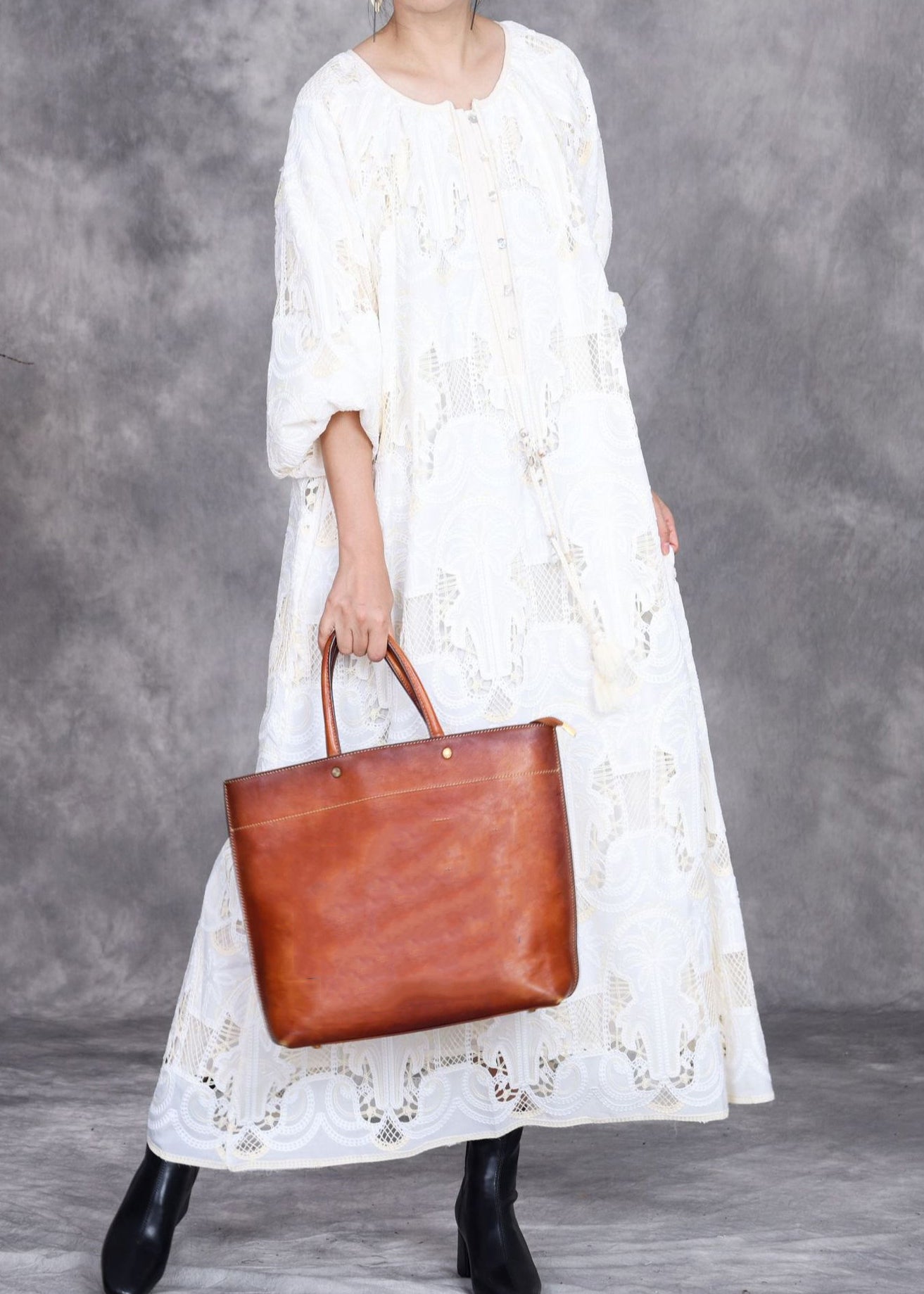 White Embroidered Hollow Out Long Dress Half Sleeve