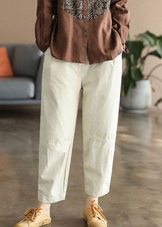 Handmade Beige Elastic Waist Pockets Pants Spring