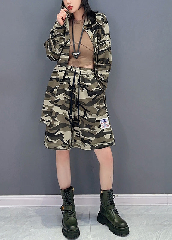 Camouflage Peter Pan Collar Zippered Print Coats and Shorts Two Pieces Set Spring