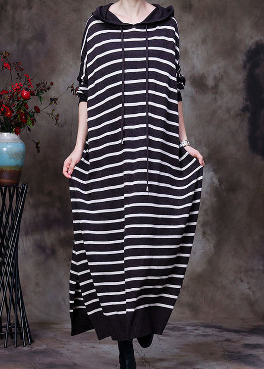 Chocolate Drawstring Hooded Striped Knit Long Dresses Spring