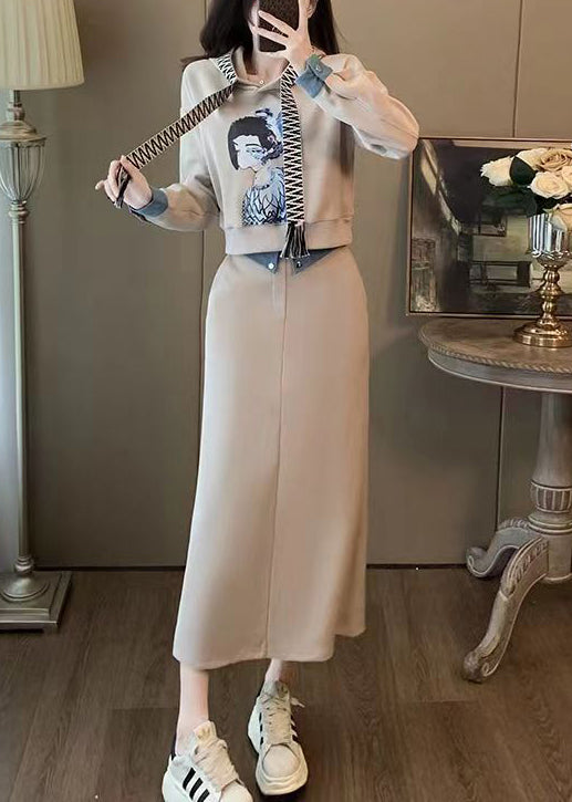 Hooded Print Sweatshirt and Skirts Cotton Two Pieces Set Long Sleeve