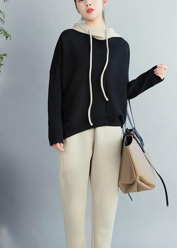 Black Loose Hooded Patchwork Fall Drawstring Sweatshirts Top
