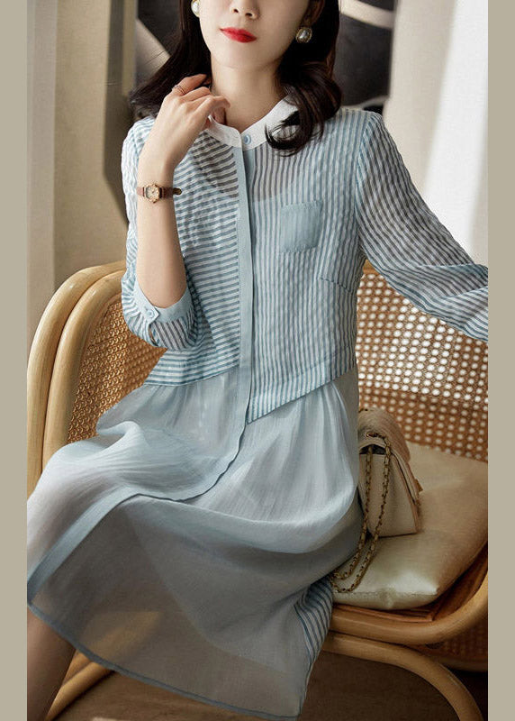 Blue O-neck Button Tulle Holiday Dress Long Sleeve