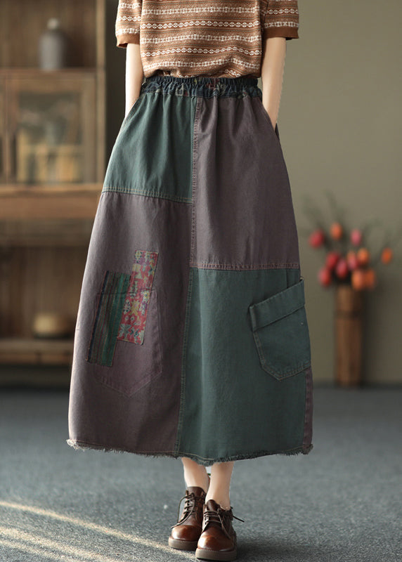 Red Patchwork Elastic Waist Pockets Cotton Denim a Line Skirts Fall