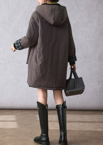 Loose Green Plaid Wear on Both Sides Fine Cotton Filled Hooded Coats Winter