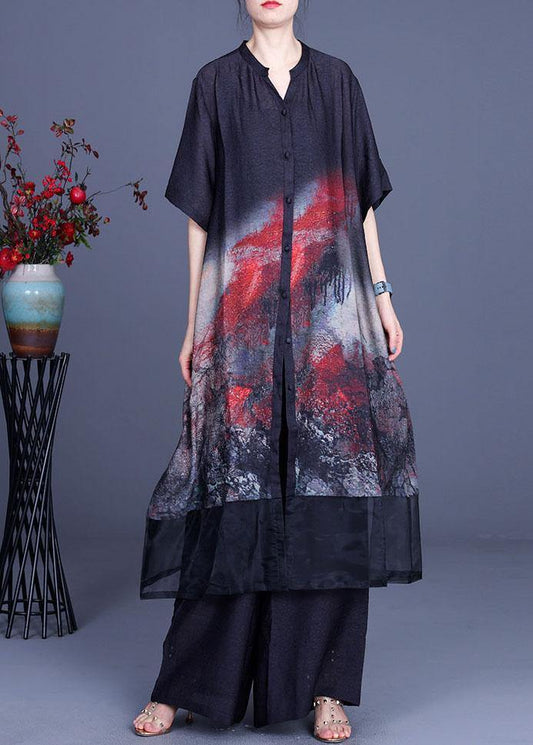 Black Print Cardigan + Wide Leg Pants Two Piece Set Summer