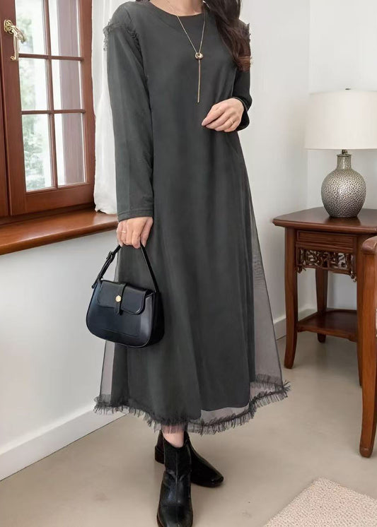 Grey Oversized Patchwork Tulle Robe Dresses Spring