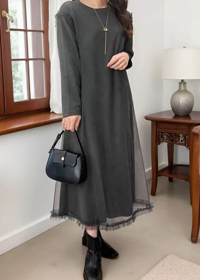 Grey Oversized Patchwork Tulle Robe Dresses Spring