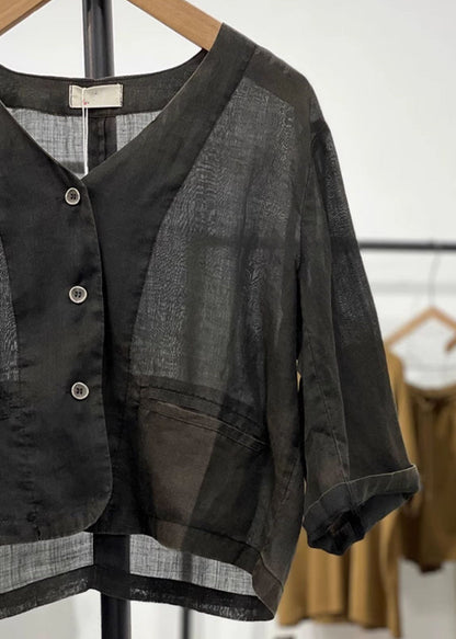 Black Pockets Linen Cardigan V Neck Long Sleeve