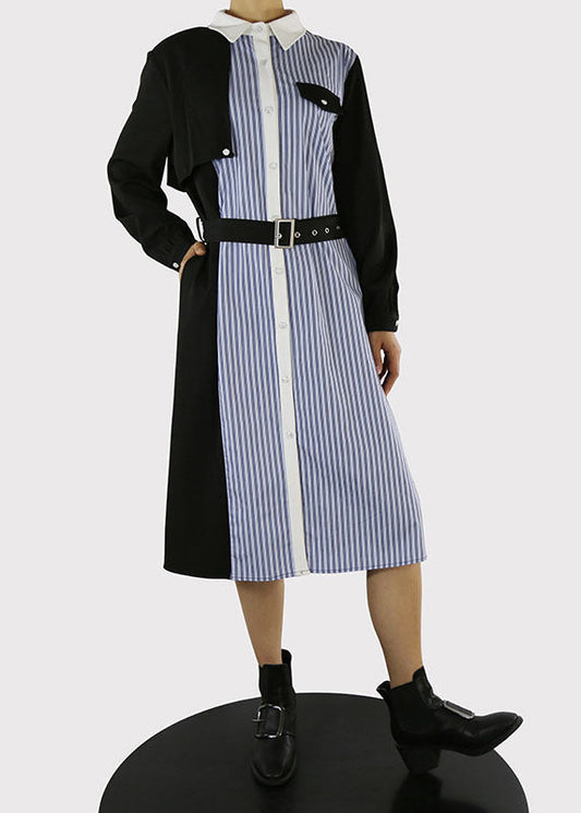 Blue Tie Waist Peter Pan Collar Striped Patchwork Shirt Dresses Spring