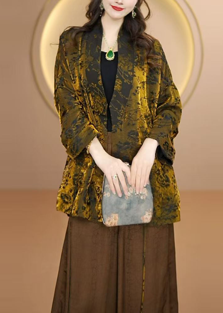 Gold V Neck Jacquard Silk Cardigan Fall