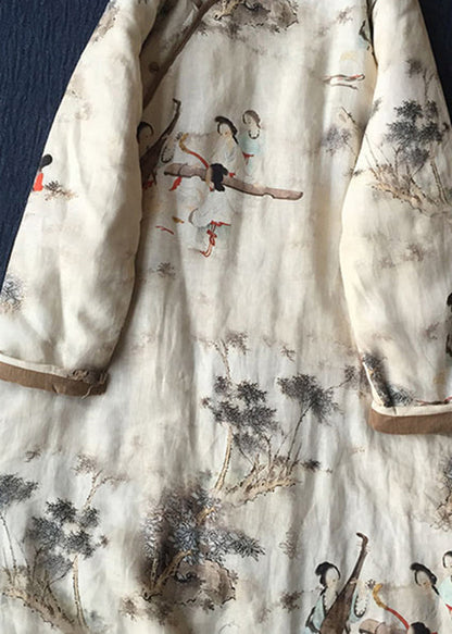 Apricot O Neck Print Linen Fine Cotton Filled Dresses Winter