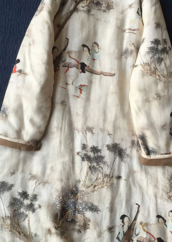 Apricot O Neck Print Linen Fine Cotton Filled Dresses Winter