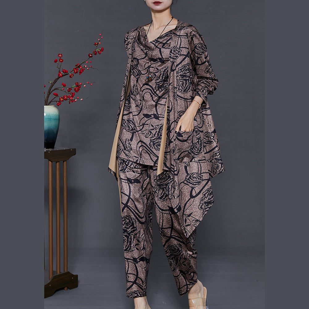 Style Brown Asymmetrical Print Three Piece Set Clothing Spring