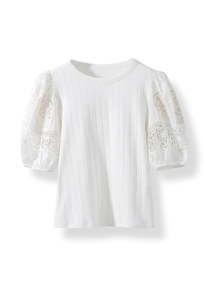 French White Hollow Out Embroidered Puff Sleeve Cotton Shirt