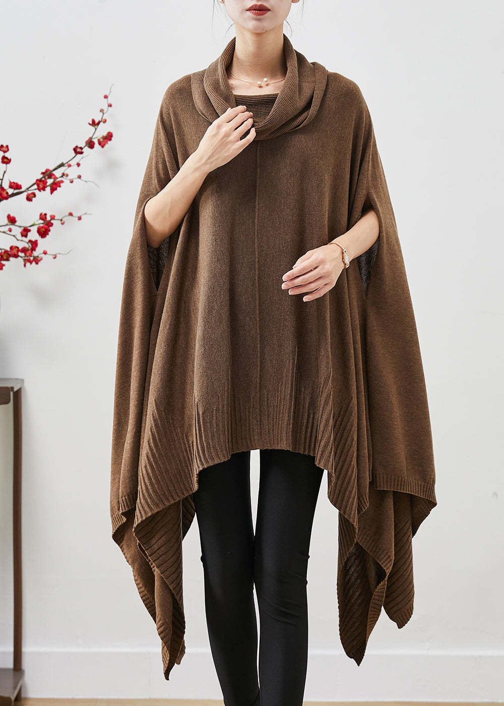 Brown Turtle Neck Asymmetrical Exra Large Hem Knit Sweater Dress Cloak Sleeves