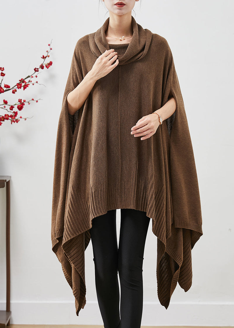 Brown Turtle Neck Asymmetrical Exra Large Hem Knit Sweater Dress Cloak Sleeves