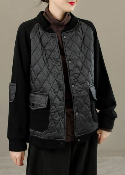 French Coffee O-neck Patchwork Button Thick Coats Long Sleeve