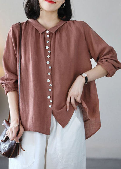 Pink Linen Blouse Top Turn-down Collar Button Long Sleeve