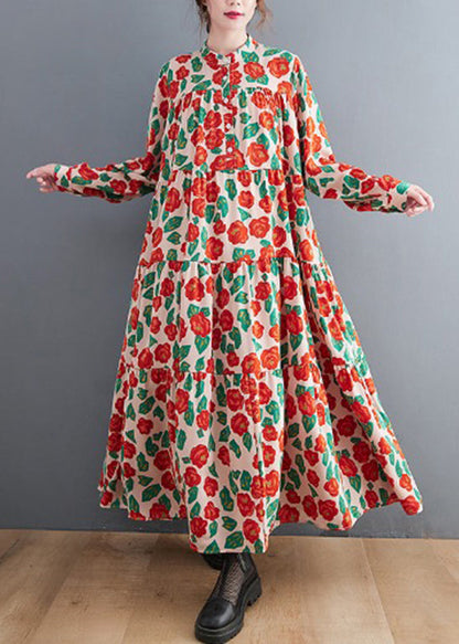 Red Button Stand Collar Shirt Dresses Long Sleeve