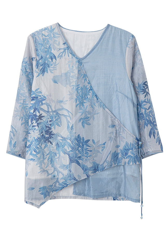 Blue Asymmetrical Print Tie Waist Chiffon Top Bracelet Sleeve