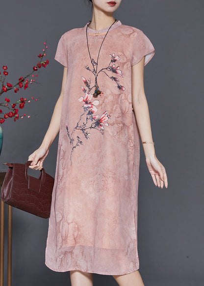 Chinese Style Pink Print Chiffon Cheongsam Dress Summer