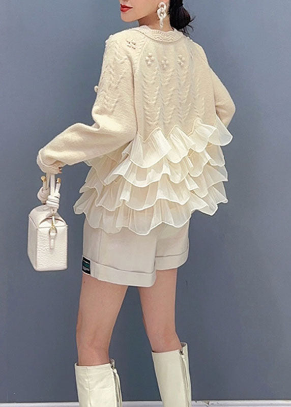Natural Beige O-neck Tulle Patchwork Knit Top Long Sleeve