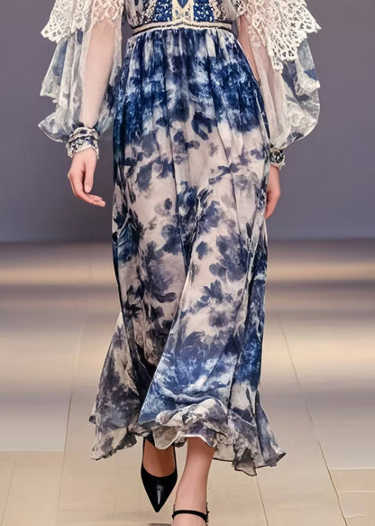 Navy Print Chiffon Party Dress Lantern Sleeve Spring