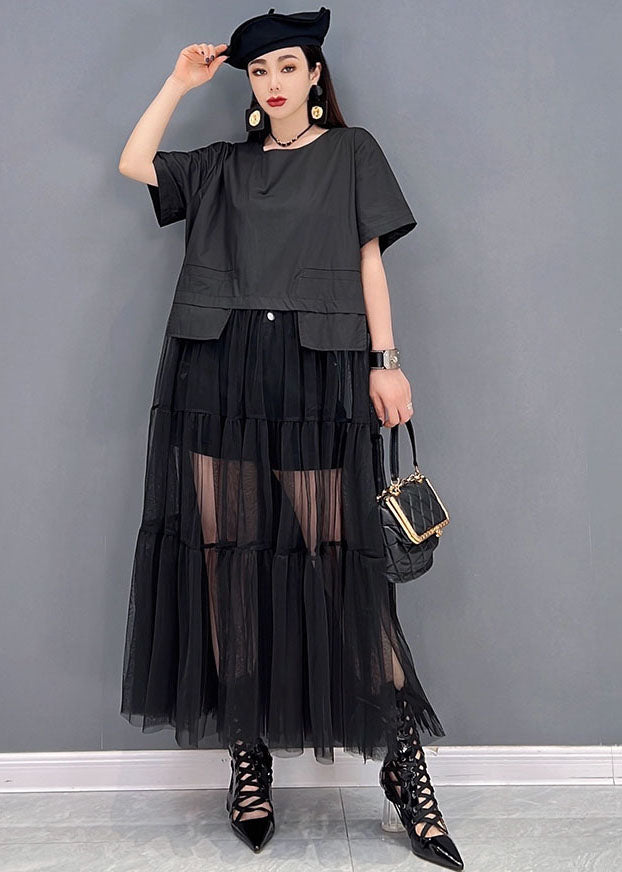Black O-neck Patchwork Tulle Long Dress Short Sleeve
