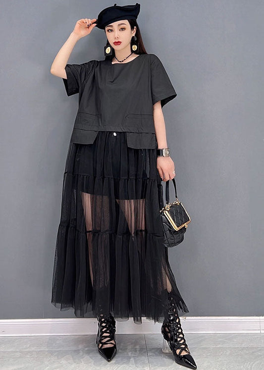 Black O-neck Patchwork Tulle Long Dress Short Sleeve