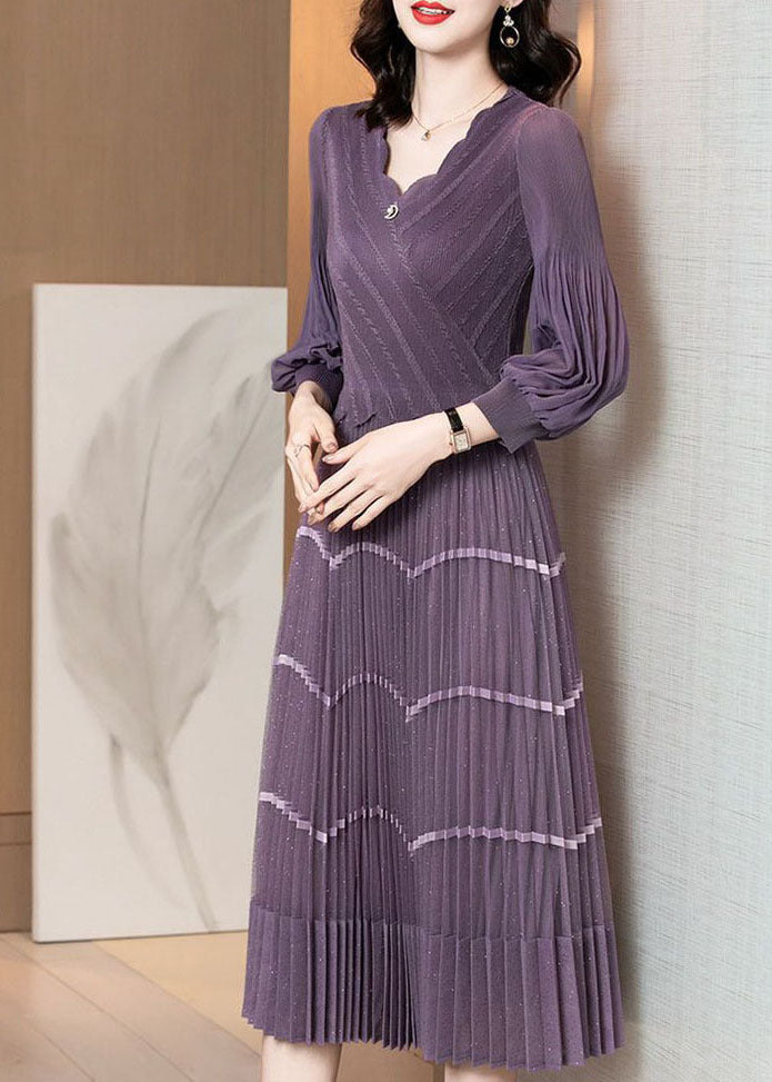 Purple V Neck Patchwork Silk Pleated Dress Long Sleeve