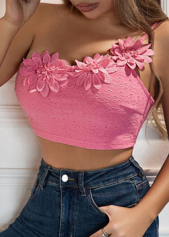 Pink Dimensional Flower Single Shoulder Camisole Top With