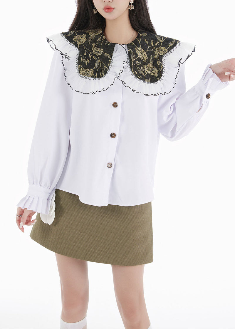 White Peter Pan Collar Shirts Tops and Skirts Cotton Two Pieces Set Spring