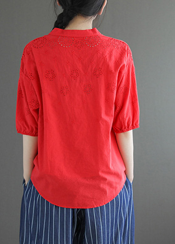 Light Blue Stand Collar Embroideried Button Cotton Shirt Half Sleeve