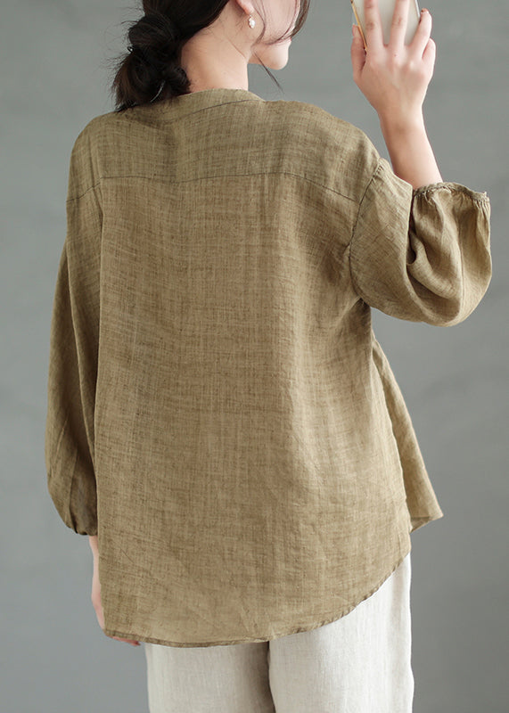 Loose Coffee Button Linen Shirt Bracelet Sleeve