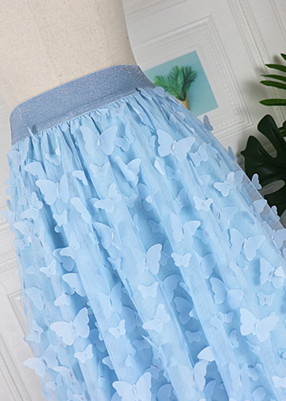 Blue Butterfly Embroideried High Waist Tulle Pleated Skirts Spring