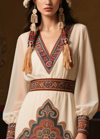 Style White Cinched Print Chiffon Long Dresses Fall