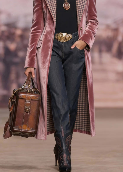 French Pink Peter Pan Collar Pockets Velvet Coats Spring