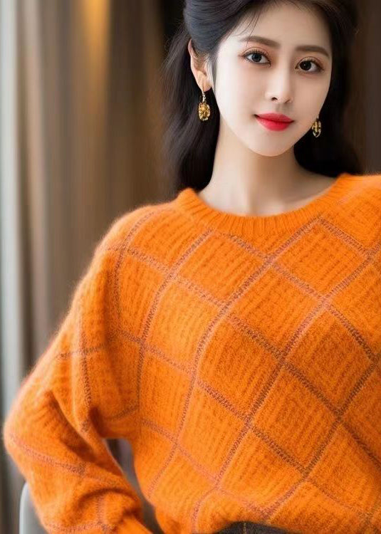 Orange O Neck Patchwork Cozy Cotton Knit Sweaters Winter