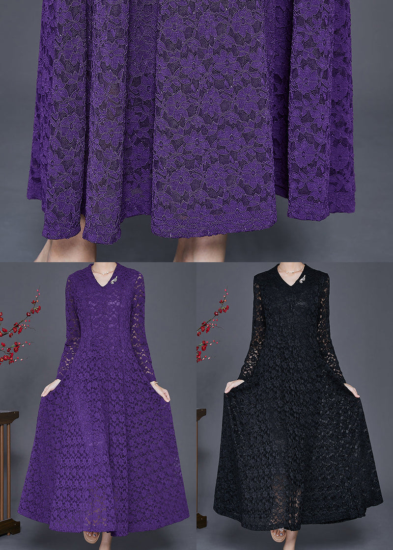 Black Silm Fit Lace a Line Dresses Hollow Out Spring