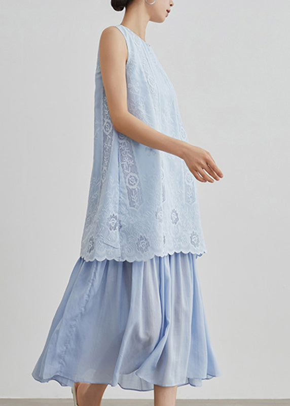 Blue Embroidered Hollow Out Fake Two Pieces Long Dresses Sleeveless